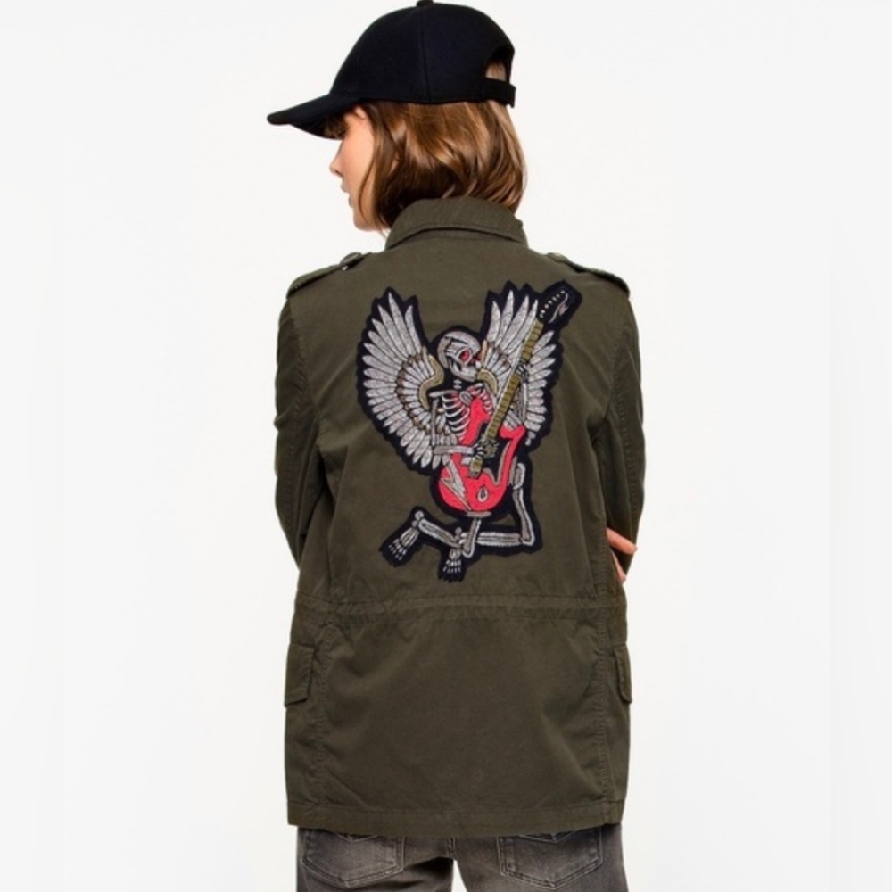 Zadig & Voltaire Kayak Bis jacket Military Green Skull Guitar Patch Women Sz M - Picture 1 of 12